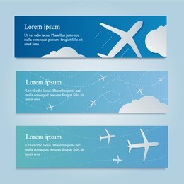 banner with white airplane in the sky. nice blue background for business and ticketing.