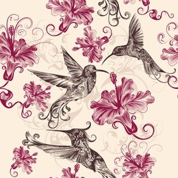 beautiful seamless wallpaper pattern with hummingbirds and flowers