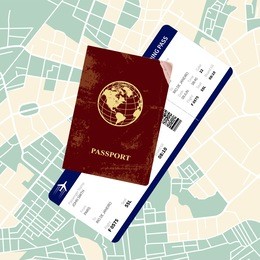 international red passport with a boarding pass on a map. vector illustration.