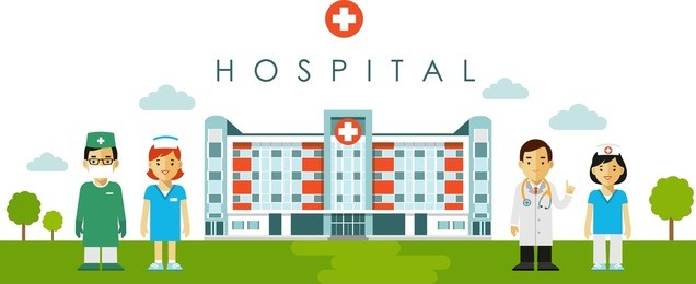 medical concept. panoramic background with hospital building, doctor, nurses and surgeon in flat style