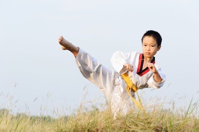 asian boy practice taekwondo on the field