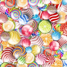 colorful candy lollipops and sweets heap. vector seamless pattern background
