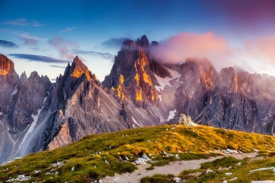 great view of the top cadini di misurina range in national park tre cime di lavaredo. dolomites, south tyrol. location auronzo, italy, europe. dramatic unusual scene. beauty world.