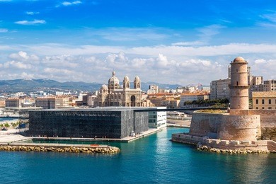 saint jean castle and cathedral de la major and the vieux port in marseille, france