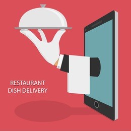 restaurant food delivery concept flat vector illustration. hand of water with dish and towel appeared from smartphone or tablet.