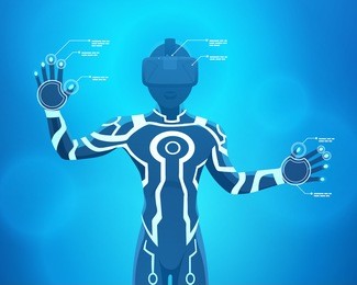 man in a virtual reality helmet. futuristic males figure in a vr headset against the blue abstract background