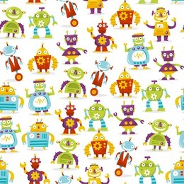 a cartoon vector illustration seamless pattern background of a set of happy retro robots.