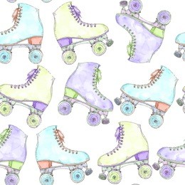 vector seamless watercolor pattern with colorful retro roller skates