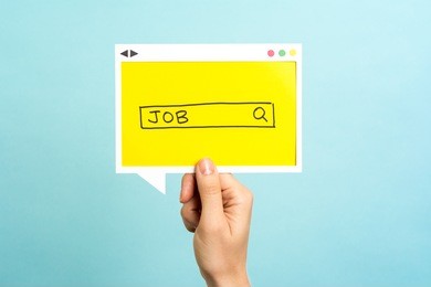 people searching for a new job. job search concept on blue background.