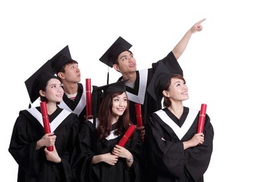 group of happy graduates student look copy space isolated on white background, asian