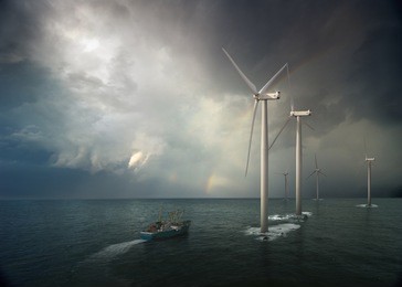 windmill in ocean. storm rising