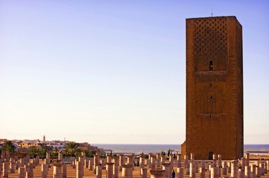 the hassan tower in sunset, rabat