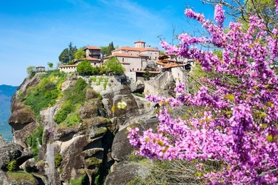 great meteoro monastery in meteora  through the branch of pink blossom 