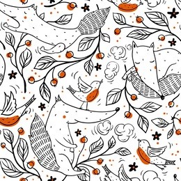 vector seamless pattern with cute foxes,birds and cherry branches