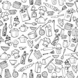 seamless texture with of kitchen doodle sketch utensils hand-drawn with ink. can be used for wallpaper, pattern fills, textile, web page background, surface textures.vector illustration.
