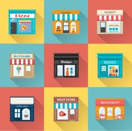 different shops and stores icons set with long shadow. includes ice-cream, coffee, meat, books store, pizzeria, boutique, bakery, restaurant, market