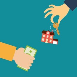 vector real estate concept in flat style - the hand of a realtor holds out a key with a tag in the form of the house, and the buyer or lessee takes money