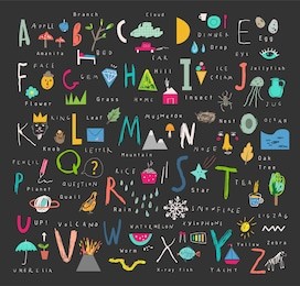 cute alphabet. letters and words. learn to read. isolated.
