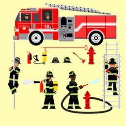 red fire truck and fireman in uniform. firefighters. fire brigade and team. various actions. set of fire elements. rescue. vector graphics.