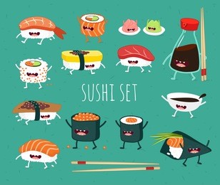 sushi set. soy sauce and sushi roll. japanese food. vector cartoon. friends forever. comic characters.