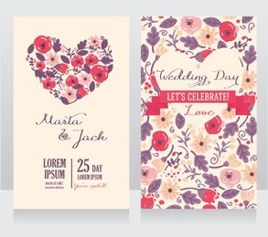 wedding cards with heart formed flowers, boho style, vector illustration