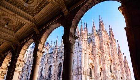duomo of milan, italy. cathedral. symbol of milano.beautiful sunset. looking up from arcade. 