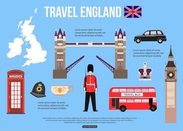 england travel background with place for text. set of colorful flat icons, england symbols for your design. vector illustration.