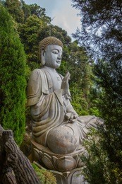 a buddha statue overlooks a valley through the trees and the mist at the chin swee caves in malaysia in the genting highlands.black and white toned image.