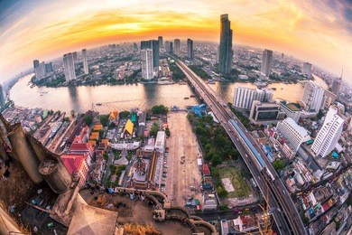bangkok city at sunset (taksin bridge)  with fisheye lens