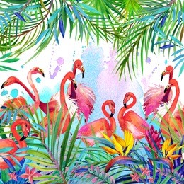 tropical exotic bird, leaves and flowers. watercolor summer floral background