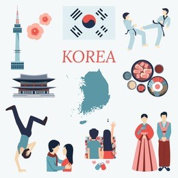 all about korea. flat design elements. kpop, korean series,flag, nation flower,taekwondo,map,tourist attractions and etc.
