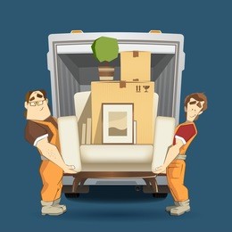 two loaders movers man holding and carrying armchair with cardboard box, flower, pictures and books. moving services 3d creative concept and conceptual color vector illustration.