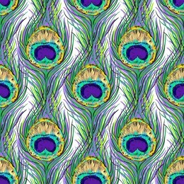 seamless peacock feathers pattern in vivid colors, nature background, hand drawn illustration
