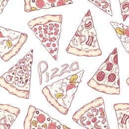 hand drawn different pizza slices seamless pattern. pizzeria background. vector illustration