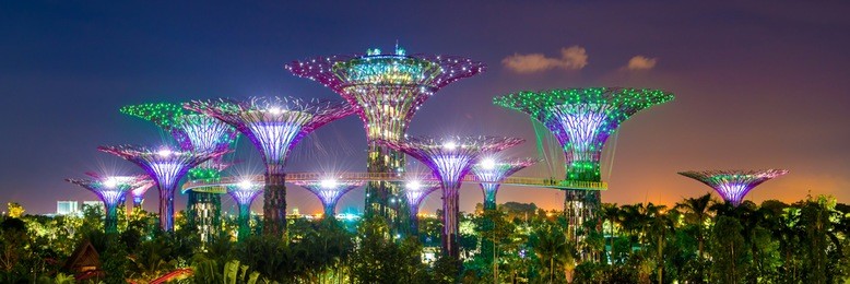 singapore - april 06: futuristic view of amazing illumination at garden by the bay on april 6, 2013 in singapore. night light show at supertree is main marina bay sands district tourist attraction