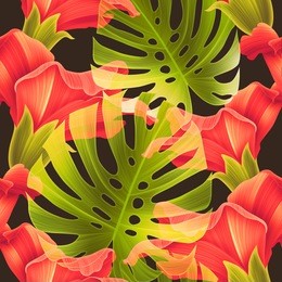 seamless tropical flower, plant and leaf pattern background, retro botanical style. stylish flowers.