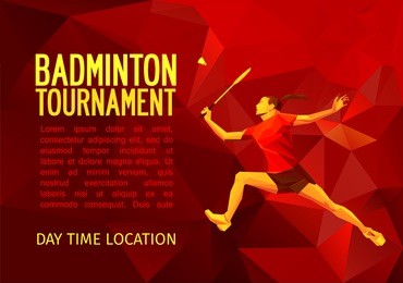 unusual colorful triangle shape: geometric polygonal professional female badminton player, pattern design, vector illustration with empty space for poster, banner, web. shades of red background.