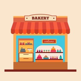bakery shop. cafe and market. coffee, cake, cookies, muffins, coffee. flat style vector illustration.
