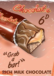 this is a old and worn retro vintage chocolate commercial poster with a caramel and milk chocolate bar.