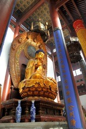 famous giant seated buddha at lingyin temple, hangzhou, shandong province, china