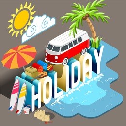 summertime alternative vacation diorama. holiday postcard collection. flat 3d isometric vehicle van infographic vector. summertime school concept hippie van beach surfboard. travel tourism industry.