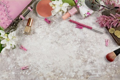 still life of fashion woman. feminine fashion cosmetic objects and background