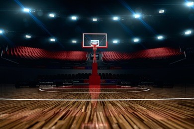 basketball court. sport arena. 3d render background. unfocus in long shot distance
