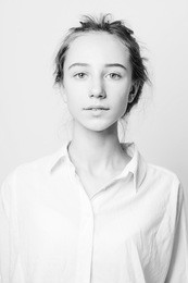 black and white portrait of a fashion model with dark hair