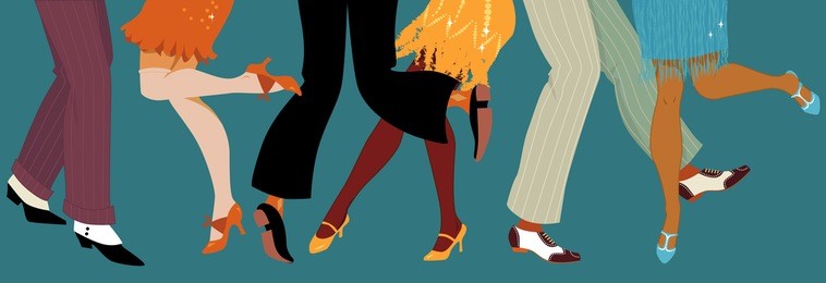line of men and women legs in 1920s style footwear dancing the charleston, vector illustration, no transparencies, eps 8