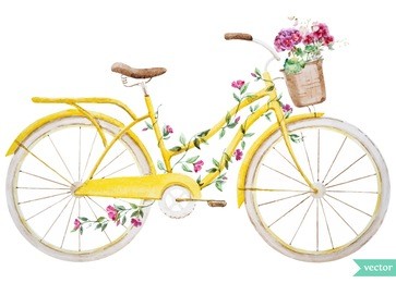 watercolor illustration of a yellow bicycle with flowers hydrangea