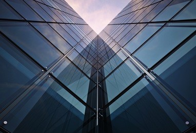 corporate building concept. glassy modern architecture concept realistic 3d render illustration. glassy skyscraper towers.