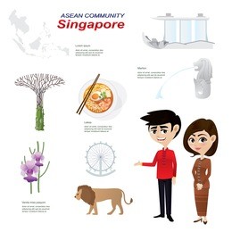 illustration of cartoon infographic of singapore asean community. use for icons and infographic. traditional costume national flower animal food and landmark.elements of this image furnished by nasa