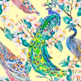 spring pattern.beautiful peacock pattern. flowering branches. watercolor.tropical seamless pattern.
