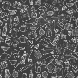seamless texture with of kitchen doodle sketch utensils hand-drawn with chalks on blackboard. can be used for wallpaper, pattern fills, textile, web page background, surface textures.